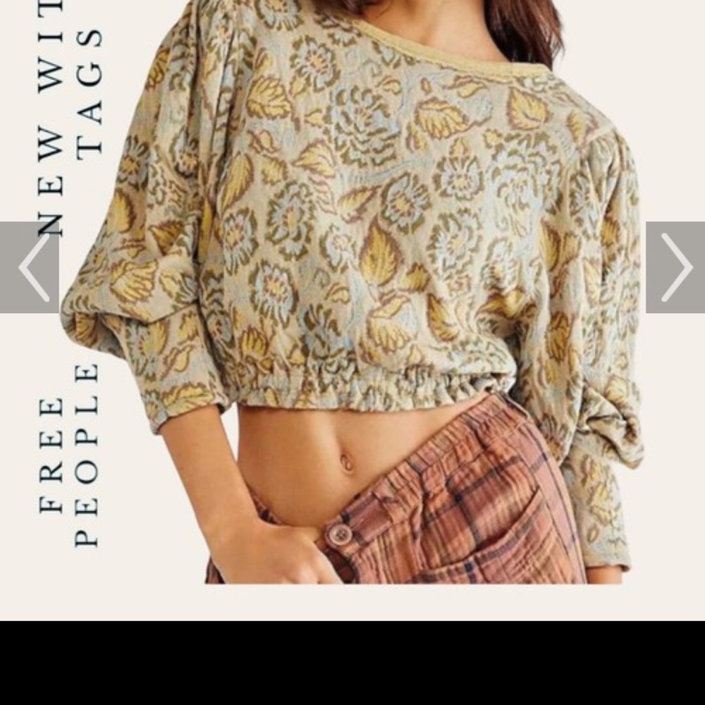 Free People Sage Floral Cropped Pullover with Yellow Accents XL New with tags.